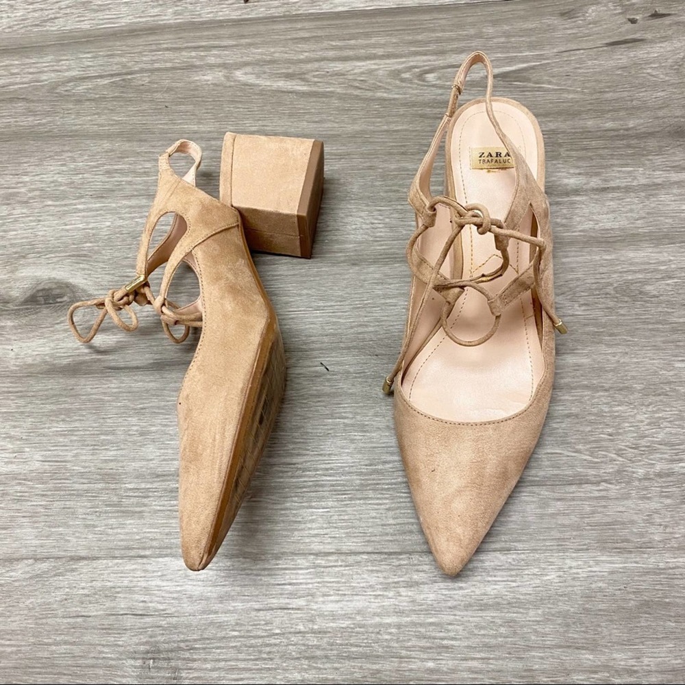 Zara Suede Lace-up Heels in Nude Pointed Toe 39